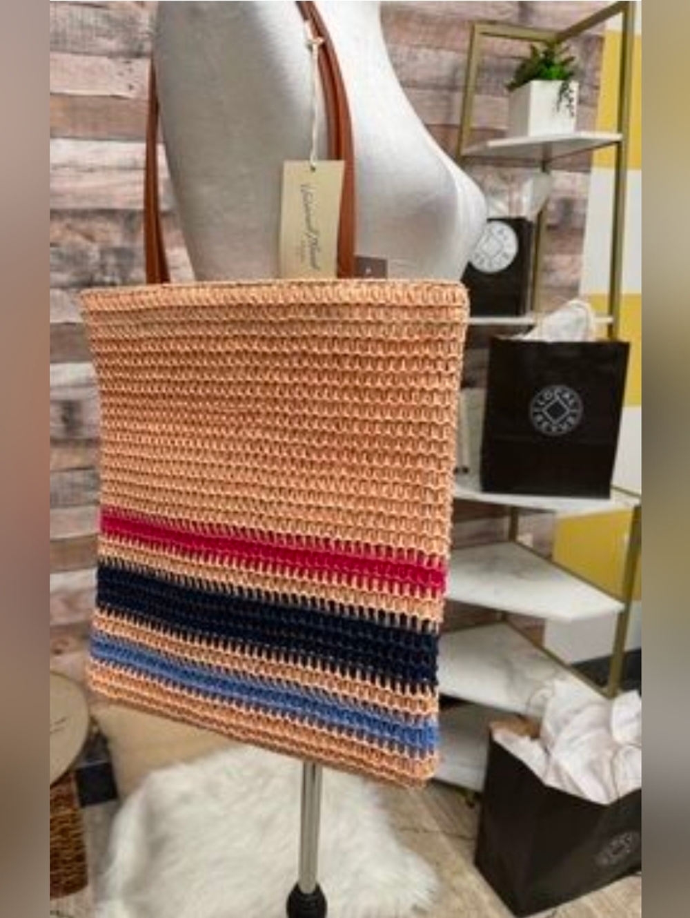 NWT Universal THREADS Woven Straw Tote Bag with Color-Block Stripes